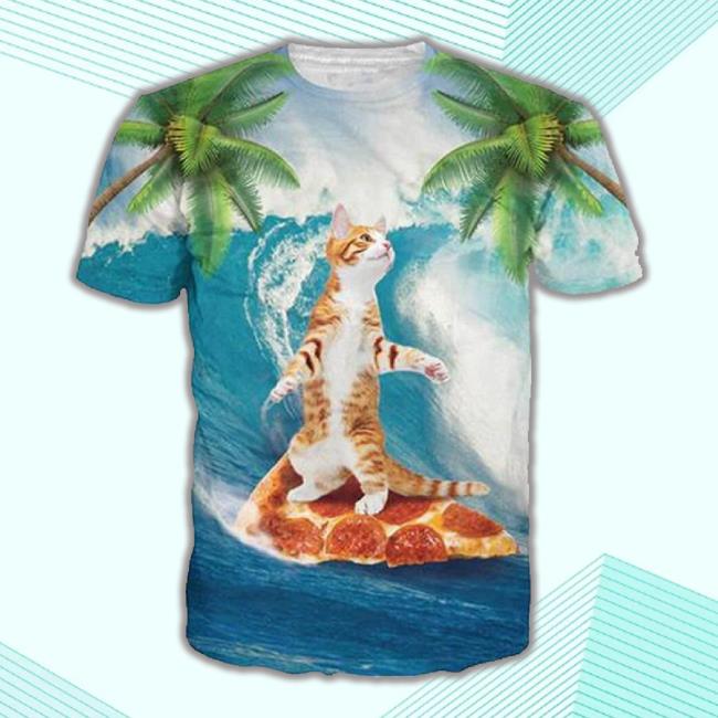 Coconut Tree Cat Surfing On Pizza Funny 3D Sweaters