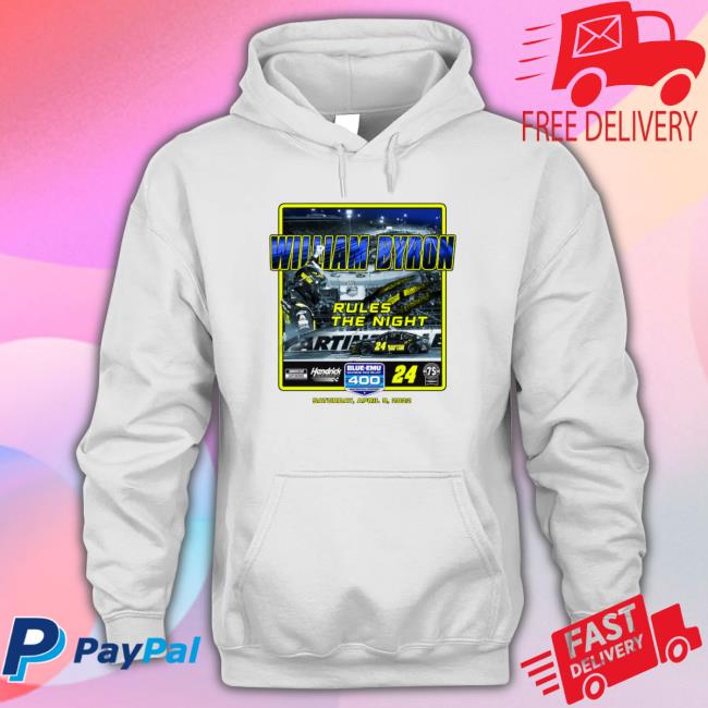 William Byron Checkered Flag White 2022 Blue-Emu Maximum Pain Relief 400 Race Winner Top Art Hooded Sweatshirt