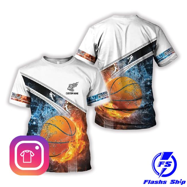 Custom Name Basketball Fire And Water 3D Youth Shirt, Personalized Basketball 3D Boys Tee, Basketball Shirts Matching Outfit For Young Basketball Team