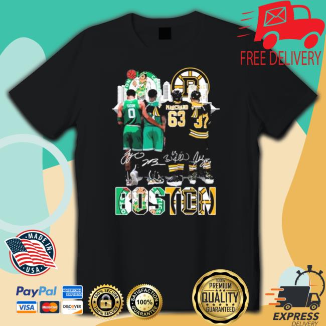 Boston Celtics And Boston Bruins Jaylen Brown, Tatum Marchand, Bergeron Signature Skyline Shirt