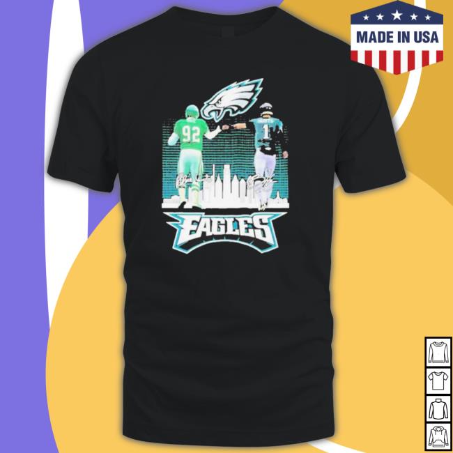 Reggie White And Jalen Hurts Philadelphia Eagles City Skyline Signatures Shirt