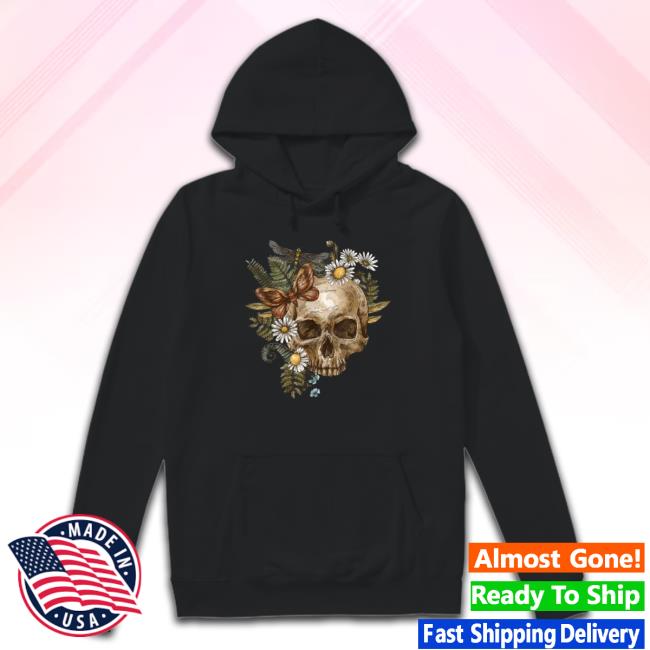 Top Skull Butterfly Dragonfly In Autumn Leaves And Daisies Hoodie