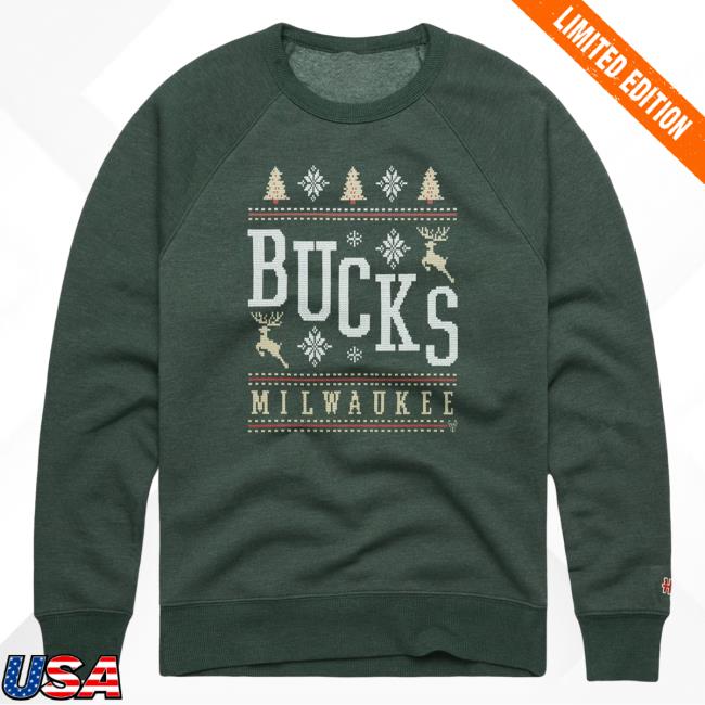 Official Homage Merch Store Milwaukee Bucks Holiday Crew neck Pine Homage Apparel Clothing Shop
